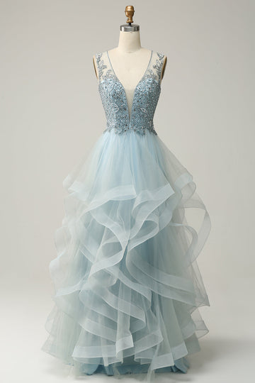 A Line Deep V Neck Light Blue Long Ball Dress with Appliques
